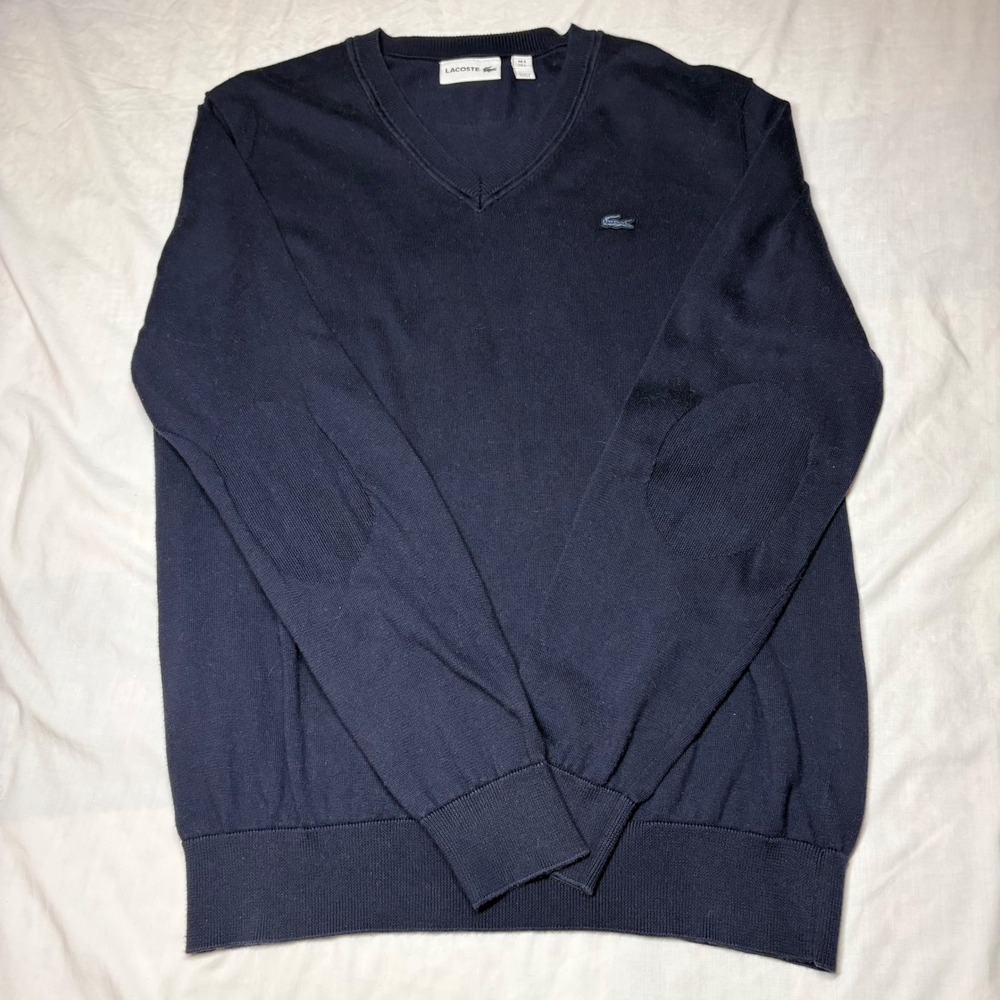 Lacoste Mens Navy Blue V-Neck Cotton Sweater Elbow Patches AH7894 Size L FR 5